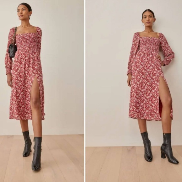 Reformation Cello Dress in flower girl red white floral print. Long sleeves - Picture 2 of 8